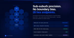 HTAG Analytics H3 hexagonal spatial data layer showing 26 endpoints for Australian property markets including median sale price, gross yield, days on market, IRSAD socioeconomic index, flood exposure and bushfire exposure at multiple H3 resolutions from r
