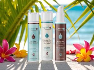 AquaFro™ 3-step swimcare system showing Pre-Swim Hair Shield, Chlorine-Out Shampoo, and Leave-In Conditioner for textured hair.