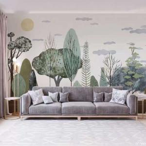 Modern nature wall mural in a living room with sofa and tree design wallpaper