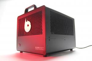 Image of a silverdraft supercomputer; a single unit with red highlighting on the logo.