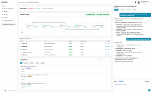 CloudBooster product screenshot showing infrastructure map, change history, and AI-assisted ChangeSet proposal panel