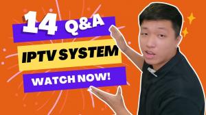 Video thumbnail for FMUSER's hotel IPTV system guide. A presenter points toward bold text reading "14 Q&A," "IPTV SYSTEM," and "WATCH NOW!" against a vibrant orange background.