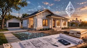 the image is an illustration to depict the merging of a physical home and the Ethereum blockchain