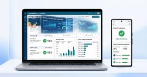 Taction Software healthcare platform on laptop and mobile showing AI-powered billing automation and claim processing dashboard