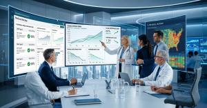  Healthcare executives reviewing AI-powered revenue cycle management data and denial prevention analytics in a modern boardroom