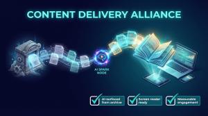 Wide-format infographic on a dark navy background with the heading "Content Delivery Alliance" in large teal text. A workflow flows left to right: a stone archive monument with cogs on the left represents existing content repositories; translucent documen