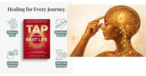 Here you see the book with topics that it covers like Physical Pain, Emotional Blocks, Limiting beliefs.  It also shows a golden head with a finger tapping