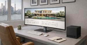 Kubb® Spectre Graphite compact workstation on a modern desk with ultrawide monitor displaying architectural renderings, city skyline in background.