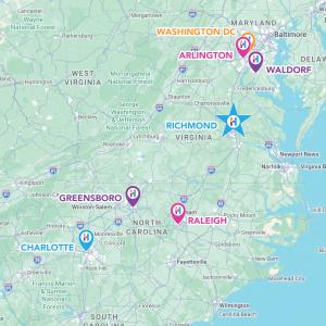 Map of Heritage Signs & Displays locations across Virginia, Maryland, North Carolina, and Washington, DC, with Richmond marked as the featured office.