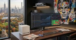 Kubb® Spectre Source compact workstation on a high-end trading desk with ultrawide monitor displaying financial data, Central Park view in background.