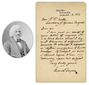 Frederick Douglass letter signed, dated March 13, 1893, addressed to Frederick Perry Noble, regarding the African Congress, which convened as part of the 1893 Columbian Exposition. Estimate: $35,000-$50,000