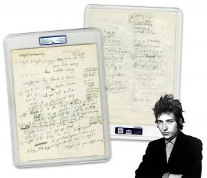 Bob Dylan handwritten set of song lyrics for Wiggle Wiggle, the opening track of his 27th studio album, “Under the Red Sky,” PSA/DNA certified authentic. Estimate: $24,000-$35,000