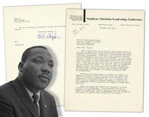 Martin Luther King, Jr. typed letter signed, thanking an Illinois minister and congregation for its SCLC donation, dated October 29, 1963, during the momentous Civil Rights year of 1963. Estimate: $12,000-$18,000