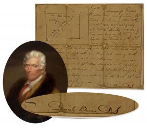 Document signed and plat map entirely written in frontiersman Daniel Boone’s hand, in his role as District Surveyor of Lafayette County, in present-day Kentucky, from 1784, the year his legend was born. Estimate: $15,000-$20,000