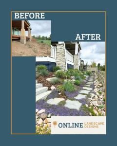 Before and after landscape transformation using waterwise plants and groundcover between stepping stones instead of turf lawn.
