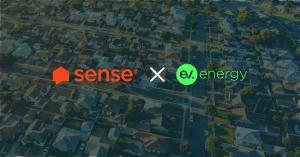 The image shows Sense and ev.energy logos over a background image showing an aerial view of a sunny American neighbourhood