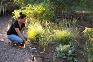 Horticulturist Lauren Carvalho tending a waterwise garden in New Mexico with drought-tolerant plants and native landscaping