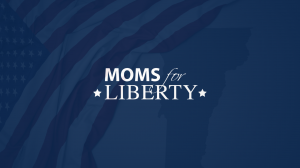 Moms for Liberty Logo with State and American Flag Behind it