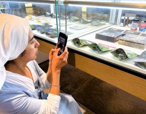 A sister kneeling down at a display case to take a picture of the Sisters' bags of flower