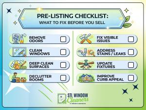 Pre-listing checklist infographic showing eight simple home-sale prep tasks, including removing odors, cleaning windows, deep cleaning surfaces, decluttering rooms, fixing visible issues, addressing stains or leaks, updating fixtures, and improving curb a