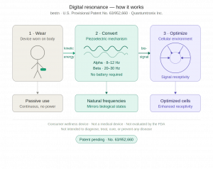 Infographic showing three-stage flow of the bestn Digital Resonance device by Quantumtronix Inc. Stage 1 labeled Wear: stick figure wearing device on wrist