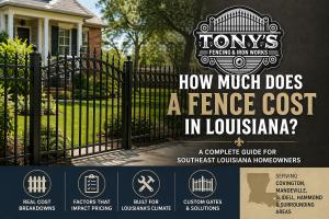 Custom ornamental iron fence and gate installed at a Louisiana home with Tony’s Fencing & Iron Works branding