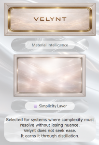 CortexForge Material Intelligence image titled “VELYNT,” featuring a pale mineral-beige surface with luminous striations, warm rose-gold edging, rounded architectural framing, and a restrained simplicity-layer composition shaped for clarity, nuance, and calm precision.