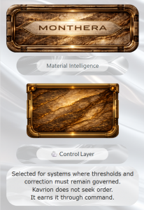 CortexForge Material Intelligence image titled “MONTHERA,” featuring a dark stone-and-metal surface with molten gold veining, reinforced bronze corner architecture, layered mineral contrast, and a control-layer composition shaped for governance, thresholds, and command.