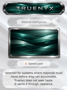 CortexForge Material Intelligence image titled “TRUENYX,” featuring deep teal wavelike layers flowing across polished field with brushed silver framing, fluid horizontal motion, and a speed-layer composition shaped for response, continuity, and controlled acceleration.
