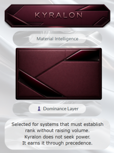 CortexForge Material Intelligence image titled “KYRALON,” featuring a dark red segmented surface with angular panel divisions, shadowed gradients, precision-milled edges, and a dominance-layer composition shaped for rank, restraint, precedent, and quiet authority.