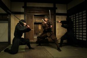 Ninja combat performance inside Ninja Karakuri Mansion Edo Wonderland Nikko Japan