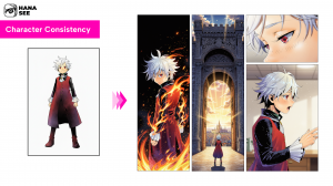 Example of consistent character rendering across multiple panels (generated by HANASEE-image-1.0)