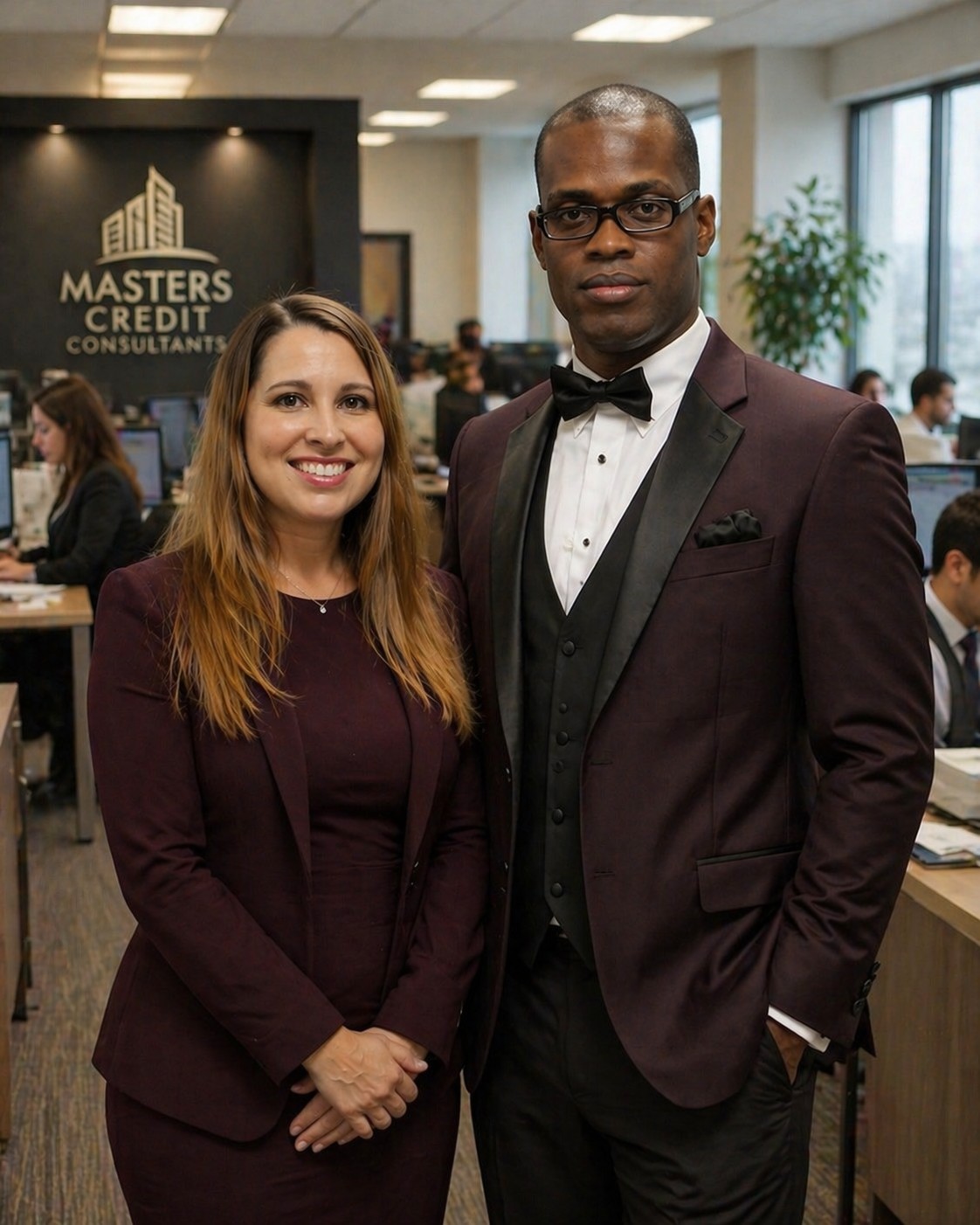Joseph Wallace and Rebecca Wallace at Masters Credit Consultants office helping clients with credit repair, business startup, and achieving homeownership through a self-signup platform