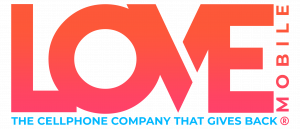 Love Mobile® logo with the tagline The Cell Phone Company That Gives Back® in bright blue text beneath the coral red Love Mobile wordmark.