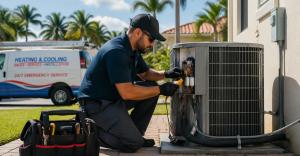 HVAC technician repairing residential air conditioning unit outside a home in Miami during hot weather conditions.