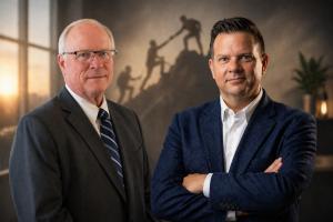 Portrait of Dr. Andrew Campbell and Scott Doggett announcing a national leadership partnership to strengthen workplace culture in the United States