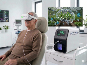 Elderly patient seated in a clinical setting wearing a VR Vitalis virtual reality headset while receiving molecular hydrogen therapy from an H2 Medical Technologies device, with a brain neuroprotection diagram in the upper corner illustrating the H2 mecha