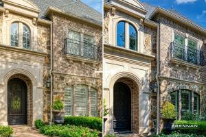 Photo of a house with old tan windows on the left and on the right is an image of the same house with new bronze windows.