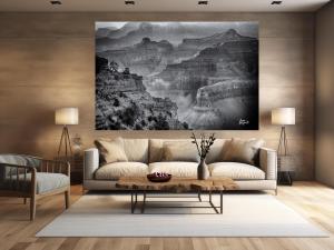 Black and white Grand Canyon landscape showing dramatic rock formations and deep canyon layers in Arizona national park