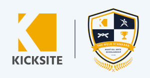 Kicksite martial arts software logo and Gold Standard Scholarship emblem featuring icons of a martial artist, belt, and trophy.
