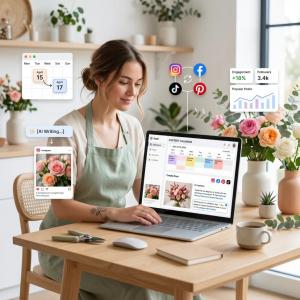 A woman using a laptop in a flower shop showing the Hana Social content calendar interface. Floating digital icons illustrate AI caption writing, multi-platform syncing to TikTok, Pinterest, and Facebook, and engagement analytics.