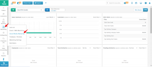 A florist in a shop using a large touchscreen POS terminal that displays side-by-side windows for managing floral orders and scheduling social media posts for Instagram and Facebook.
