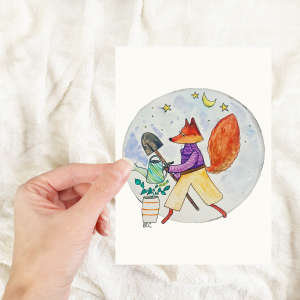 A cartoon fox walks in the moonlight carrying a water jug and shovel, gardening.