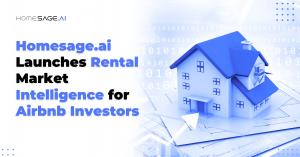Illustration of a blue and white house beside the text “Homesage.ai Launches Rental Market Intelligence for Airbnb Investors,” representing AI tools for short-term rental investment insights.