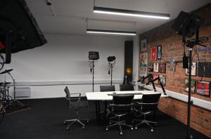 B1 Studios interview set in Birmingham UK with lighting microphones and production space
