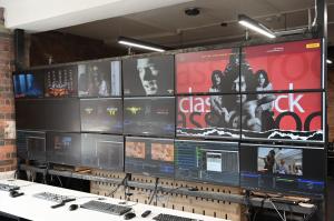 B1 Studios broadcast control room in Birmingham UK with multiple screens for Rockefellas TV production
