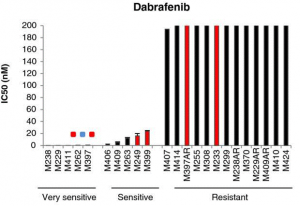 Bar graph showing the $IC_{50}$ values of Dabrafenib across various cell lines, categorized into very sensitive, sensitive, and resistant groups.