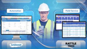 Averiware Cloud ERP showcasing automation dashboard and mobile field service app used by a technician for real-time work order management