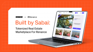 Banner showing Sabai and Renance branding, with the text “Built by Sabai: Tokenized Real Estate Marketplace For Renance” next to a laptop displaying the Renance property platform on a bright orange background.