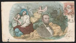 a colorful envelope from the 1860s Lincoln bust surrounded by two mournful women, Satan in background and angel rising from the earth with flowing streamer "Invested with Unlimited Power for Good or Evil"